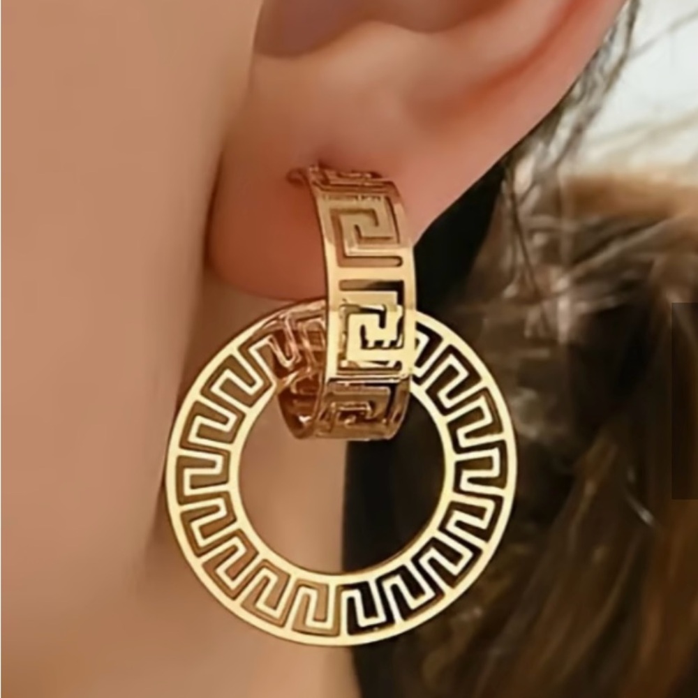 Greek Key Rose Gold Hoop Earrings NWT - Picture 2 of 3